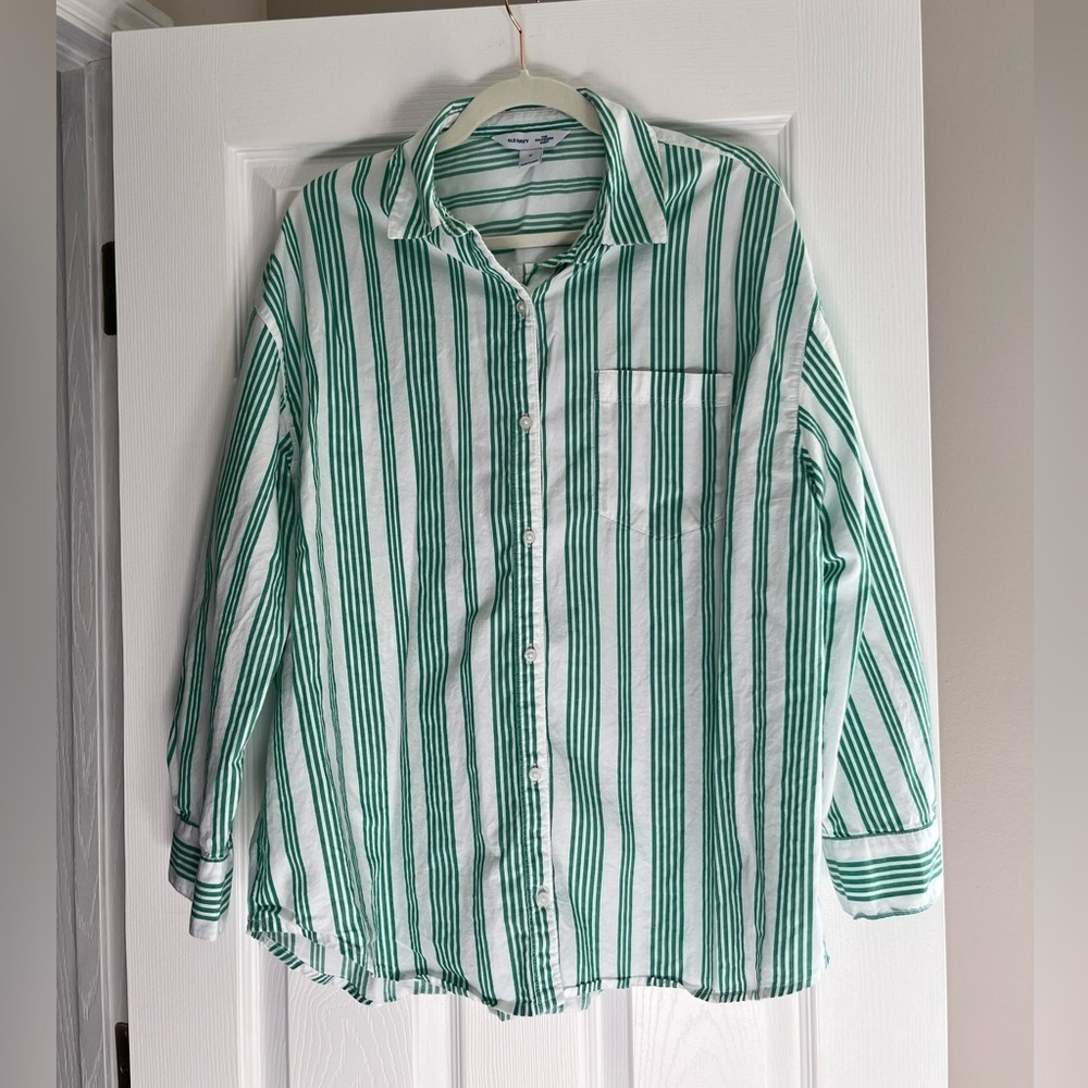 Old Navy Green and White Striped Boyfriend Shirt, Size M